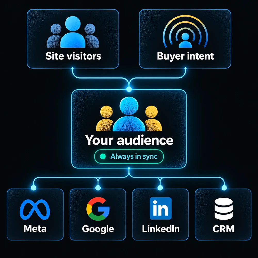 Website visitors and intent signals form one audience that syncs to Meta, Google, LinkedIn and CRM.