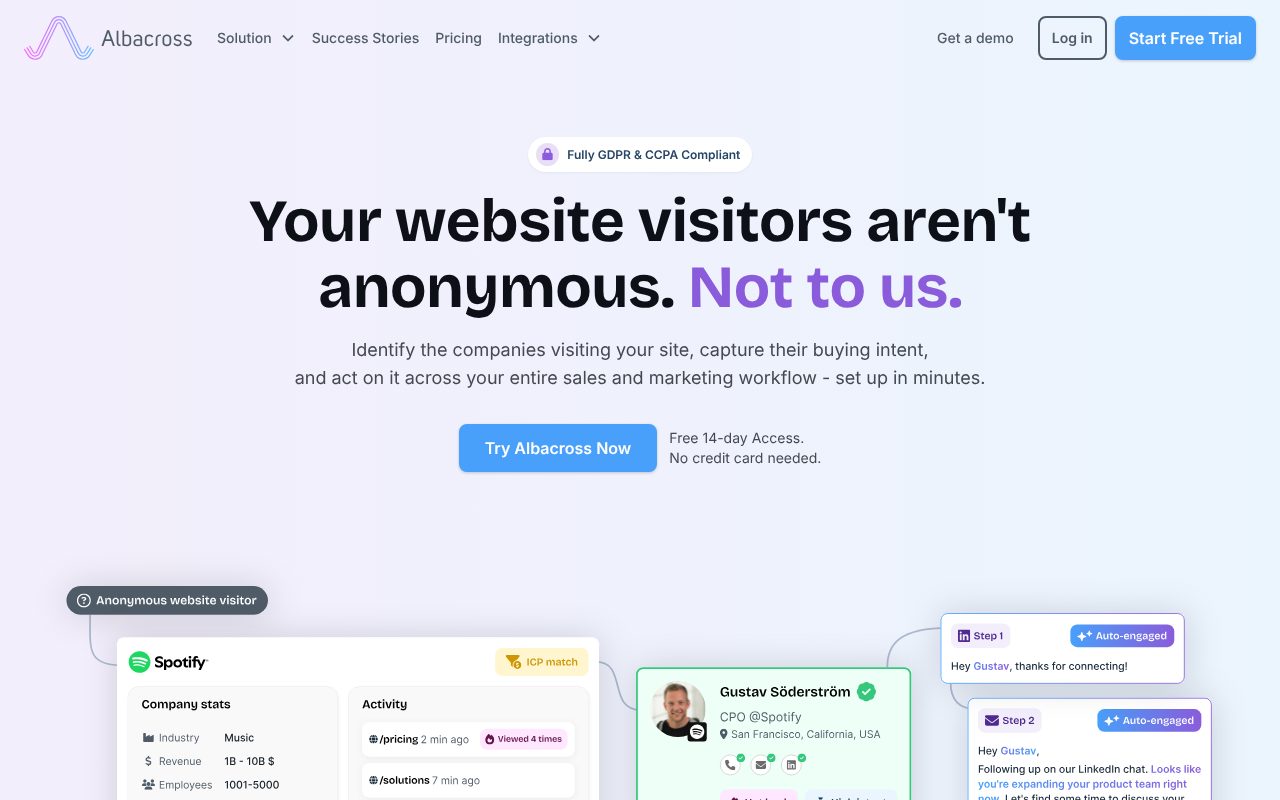 Albacross homepage - European B2B company-level website visitor identification with GDPR compliance
