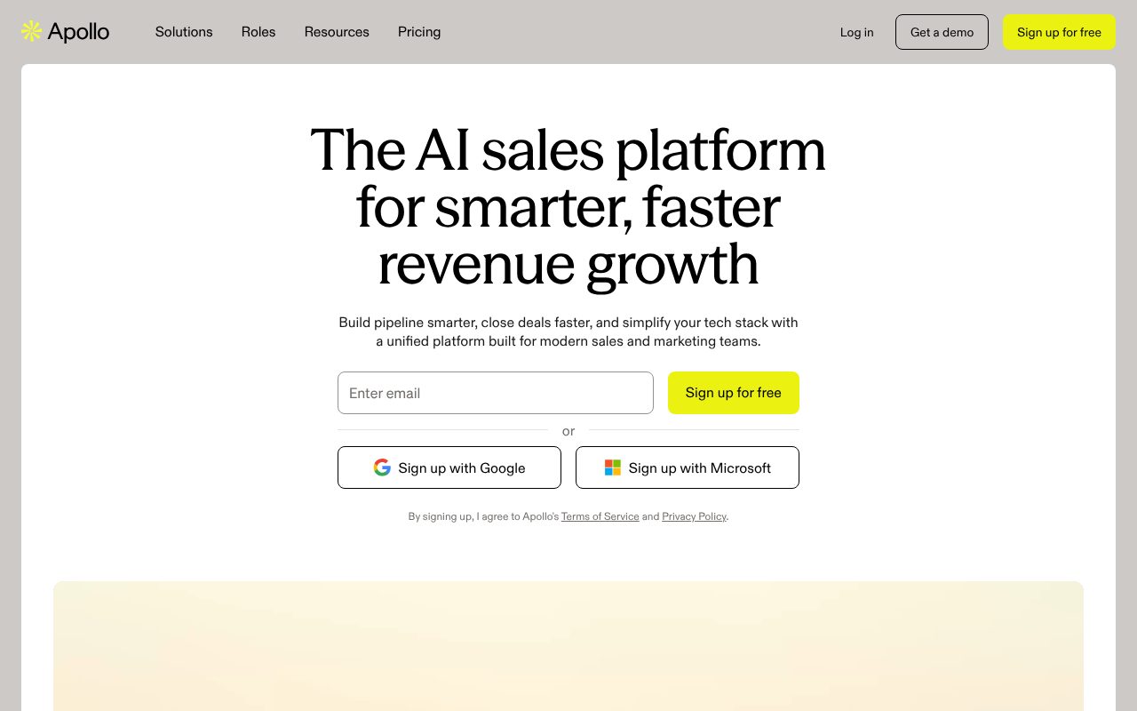 Apollo.io homepage - B2B contact database with built-in email sequences and dialer