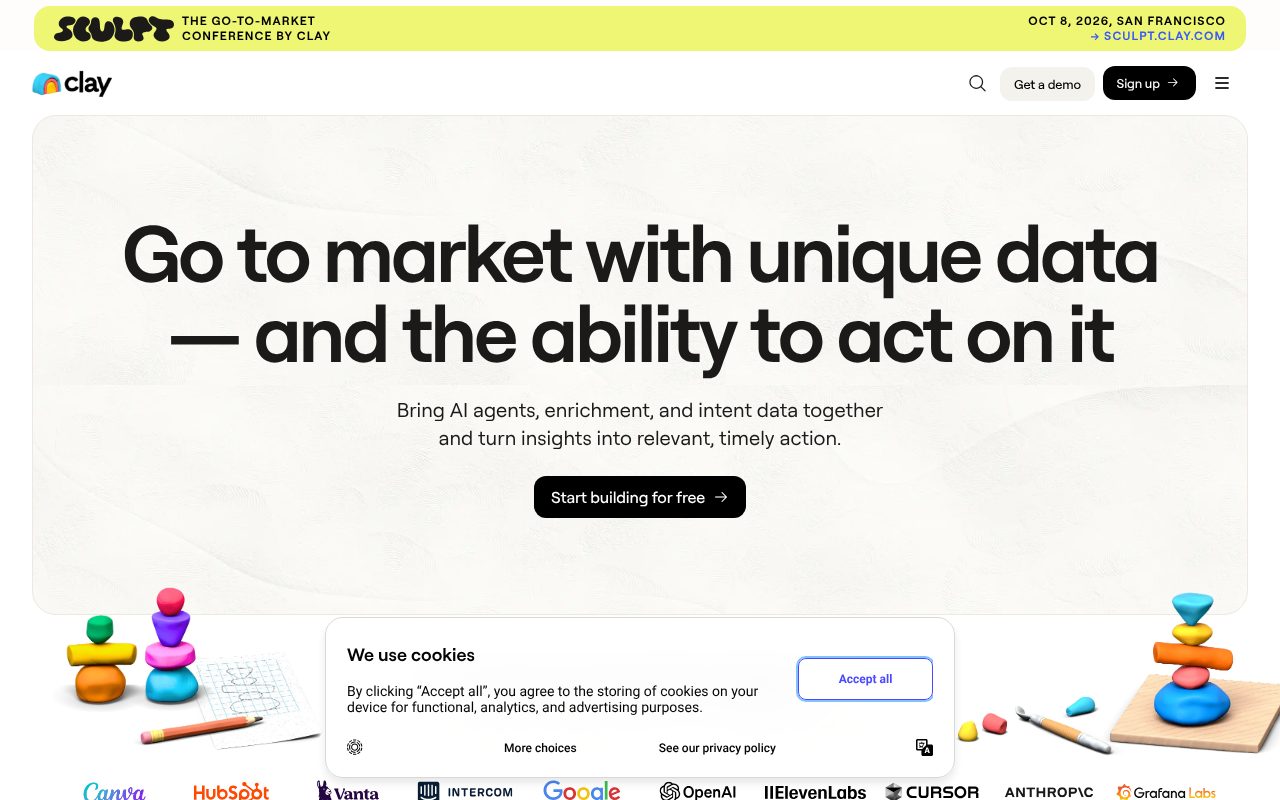 Clay homepage - data enrichment and waterfall workflow automation for GTM teams