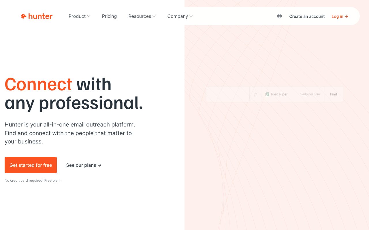 Hunter.io homepage - email finder and verifier for cold outreach with domain search