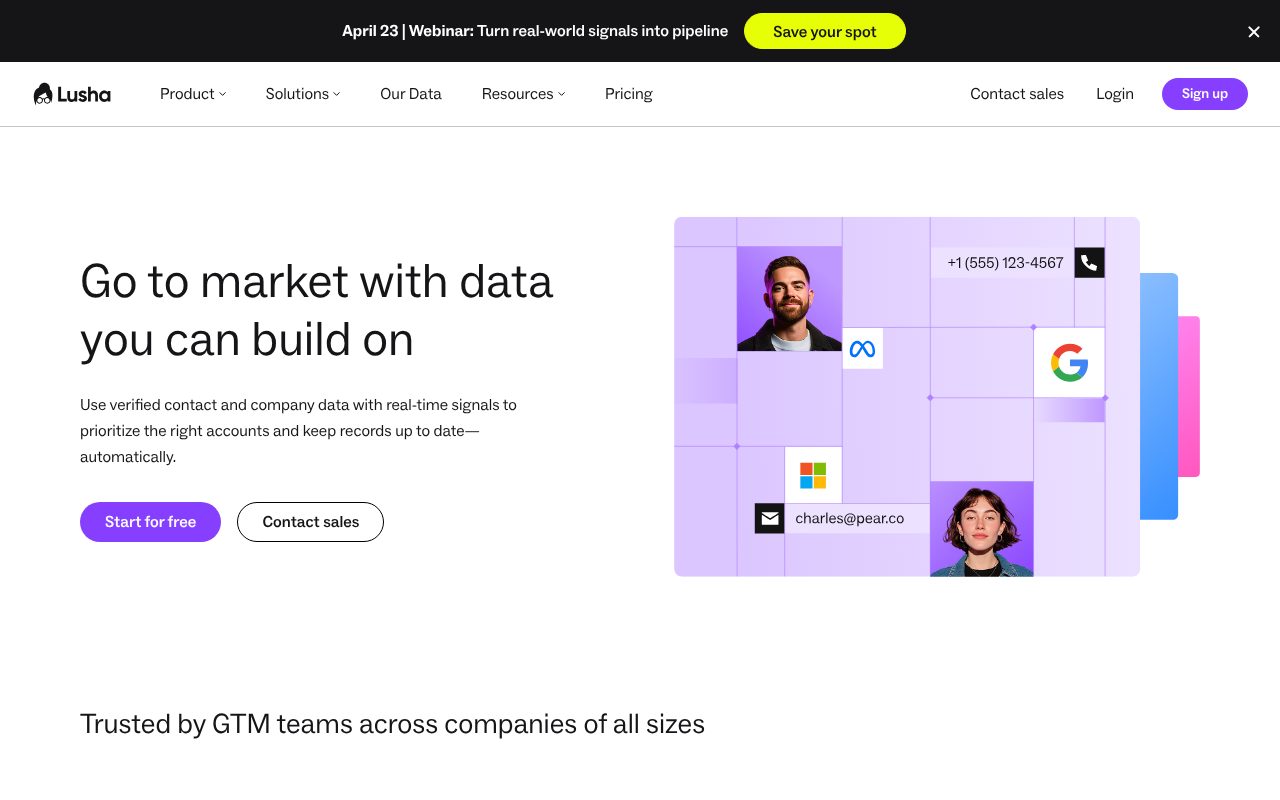 Lusha homepage - B2B contact lookup with Chrome extension for email and phone