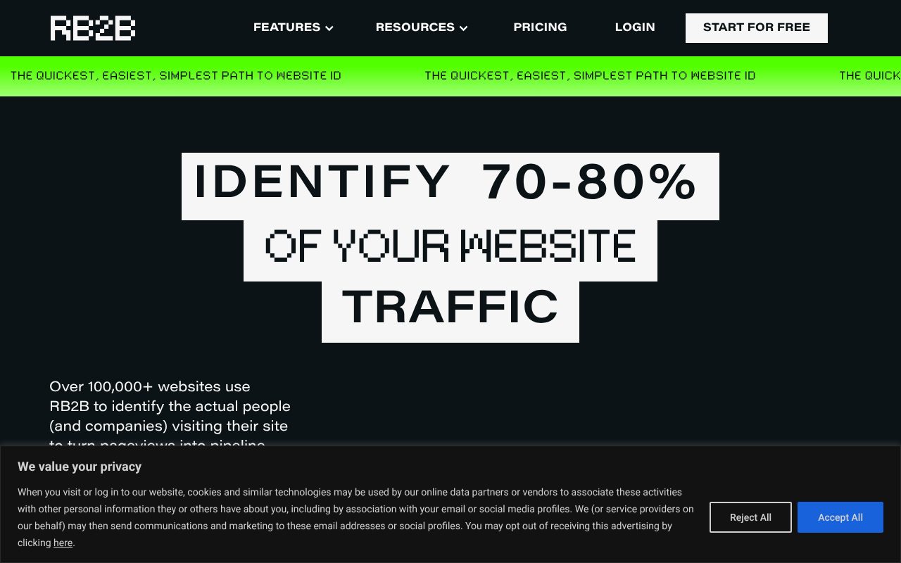 RB2B homepage - person-level website visitor identification tool for US B2B teams